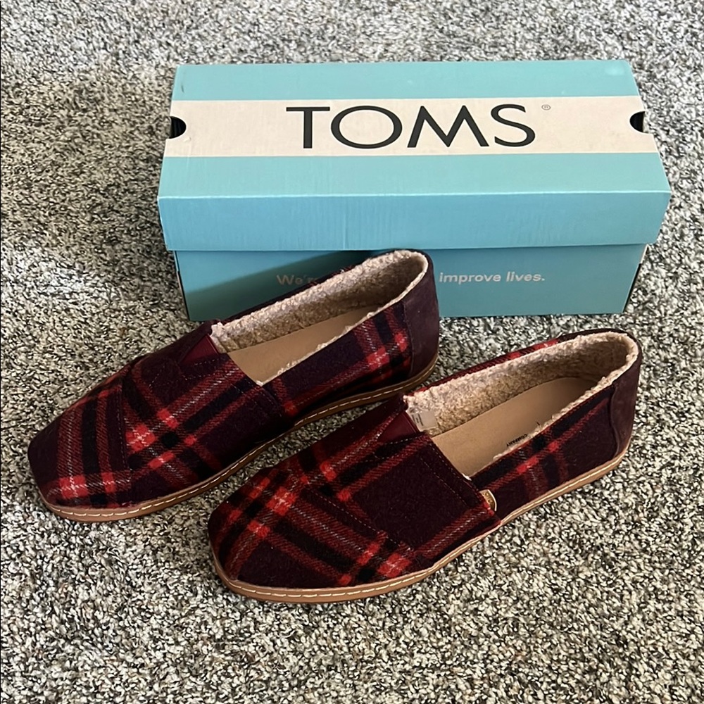 TOMS Red Plaid Slip-On Shoes